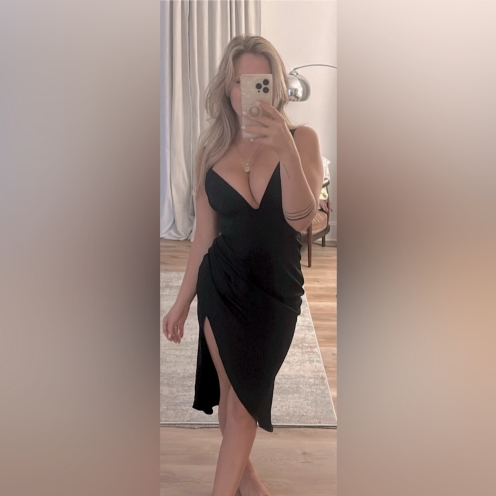 Chic Black Midi Dress with deep V-Neckline